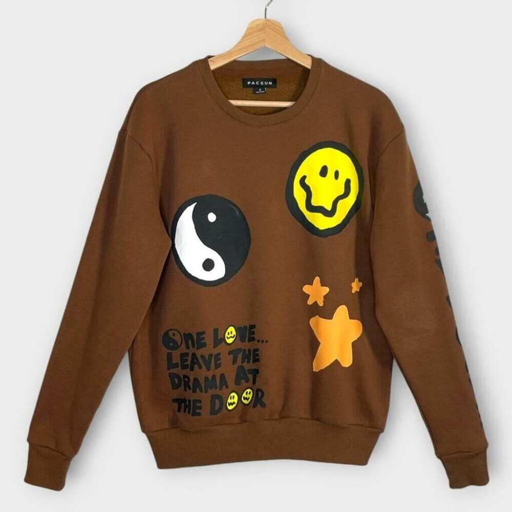 PacSun Sweatshirt Men's SMALL Need No Drama One Love Brown EUC